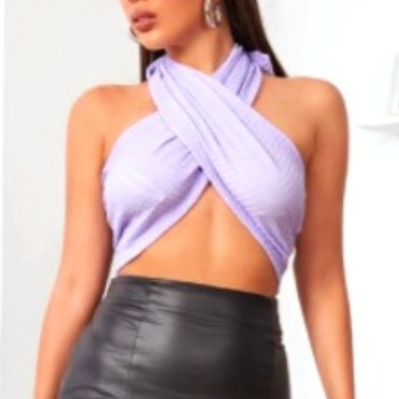 SHEIN Tops - Lavender Cross Neck Wrap Tie Back Crop Halter Top